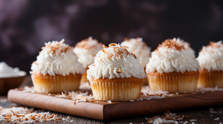 Generative AI image of coconut cupcakes, infused with coconut flakes, topped with a creamy coconut frosting, and garnished with toasted coconut shavings, transporting you to a paradise of flavors.の素材