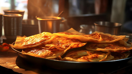 Generative AI image of a mouthwatering roti canai, a flaky Malaysian flatbread, freshly made and served with a side of fragrant curry sauce, a delightful and aromatic staple of Southeast Asian cuisineの素材