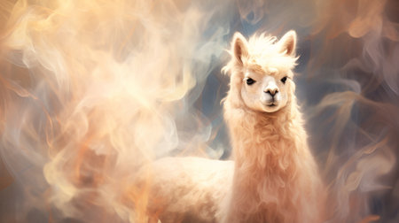 Generative AI image of an alpaca in cloud of beige smoke: Mystical alpaca emerges gracefully, surrounded by ethereal swirls, creating an enchanting and surreal scene.の素材
