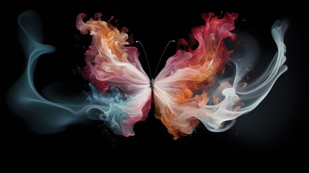 Generative AI image of a mesmerizing blend: a butterfly adorned with vibrant hues gracefully emerging from a swirling tapestry of colorful smoke.の素材