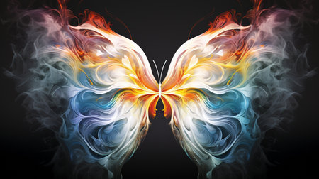 Generative AI image of a mesmerizing blend: a butterfly adorned with vibrant hues gracefully emerging from a swirling tapestry of colorful smoke.の素材