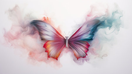 Generative AI image of a mesmerizing blend: a butterfly adorned with vibrant hues gracefully emerging from a swirling tapestry of colorful smoke.の素材