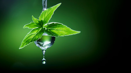 Glistening drop of clear stevia extract delicately suspended on lush green fresh leaves, promising natural and delightful sweetnessの素材
