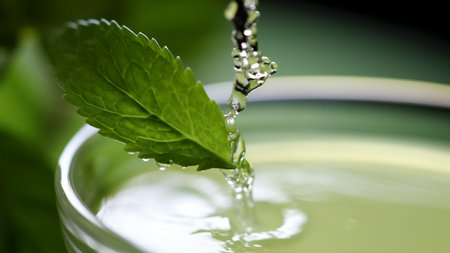 Adding stevia liquid to a beverage, enhancing it with natural sweetness, while keeping calories low and flavor refreshingly delightfulの素材