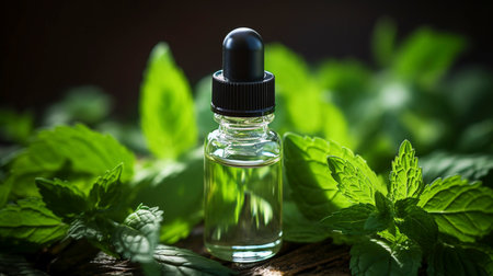 Captured in this image is a charming bottle of liquid stevia adorned with vibrant stevia fresh leaves, showcasing nature's own sweet essenceの素材