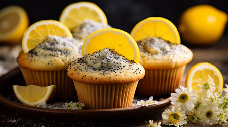 A zesty lemon poppy seed muffin, bursting with citrus flavor and adorned with tiny poppy seeds, a delightful balance of tangy and sweet.の素材