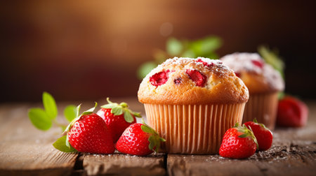 A luscious strawberry muffin, filled with juicy berries and topped with a sprinkle of sugar, a delightful taste of summer in every bite.の素材