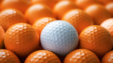 In a row of orange golf balls, the white one symbolizes the business concept of standing out for selection, showcasing distinctiveness and attracting successの素材