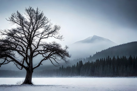 A solitary winter tree reflects on the calm lake, embodying serenity as snow blankets the landscape, hushing the world into peaceful stillness.の素材
