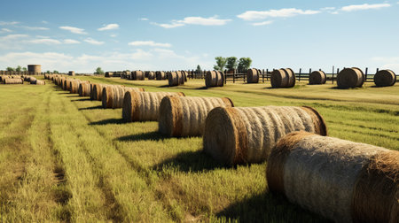 Cylindrical hay bales, neatly strewn across a vast field, stand as humble monuments to rural labor and the cycle of seasons.の素材