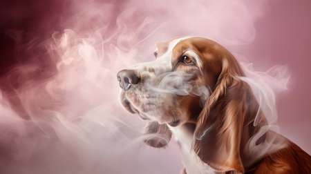 In swirling mist, a lovable Basset Hound emerges, its droopy ears and soulful eyes defining a huggable demeanor, capturing hearts within the mystical haze.の素材