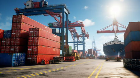A cargo ship sits docked, its hull towering beside cranes. Busy workers load colorful containers, a dance of industry on the bustling port backdrop.の素材