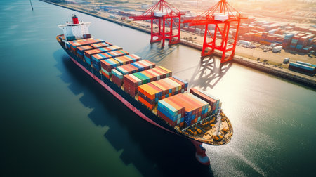 A cargo ship sits docked, its hull towering beside cranes. Busy workers load colorful containers, a dance of industry on the bustling port backdrop.の素材
