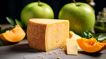 Mimolette cheese: a vibrant orange globe with a rugged surface. Its firm, crumbly texture delivers a nutty taste, a captivating sight on any cheese board.の素材