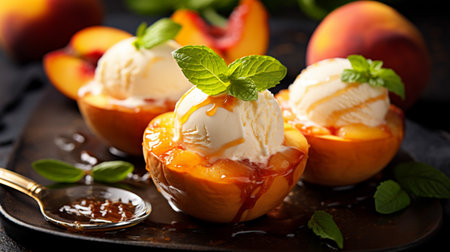 Grilled peach sundae: Juicy peaches caramelized on the grill, served with vanilla ice cream, topped with nuts and a drizzle of honey, a warm and sweet embrace.の素材
