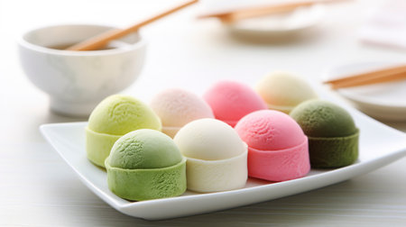 Japanese mochi: Soft, chewy rice cakes with vibrant colors, filled with sweet red bean paste or ice cream, a delightful blend of texture and flavor.の素材