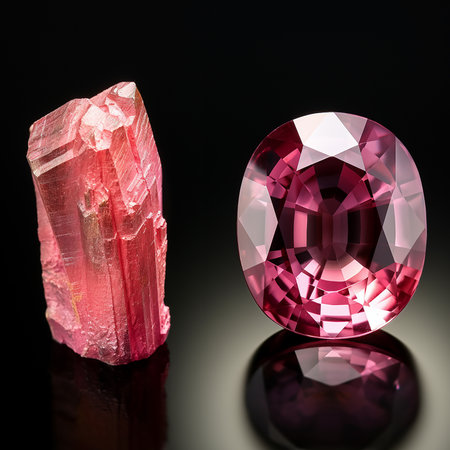 A pink tourmaline gemstone is a stunning, rosy crystal with a delicate, feminine charm. Its color resembles a blooming rose, radiating elegance and allure.の素材