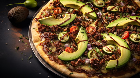 A mouthwatering avocado biltong pizza with creamy slices of avocado, savory biltong (dried meat), and melted cheese on a crispy golden crust.の素材