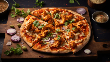 A tantalizing chicken tikka masala pizza featuring a crispy crust topped with creamy tomato-based sauce, tender chunks of marinated chicken, and aromatic Indian spices for a fusion of flavors.の素材