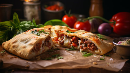 A mouthwatering calzone pizza, resembling a folded pizza pocket, oozing with melted cheese, tomato sauce, and your choice of delicious fillings like pepperoni, mushrooms, and bell peppers.の素材