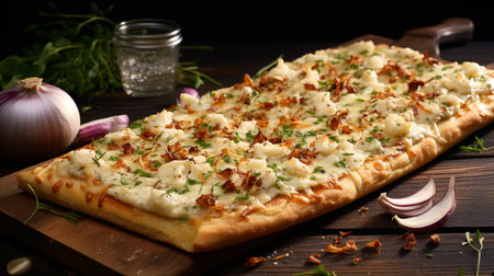 A Nova Scotia garlic finger pizza showcases soft, doughy rectangle slices baked to perfection, generously coated in garlic butter and topped with melted mozzarella cheese, offering a garlicky delight.の素材