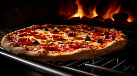 Placing a pizza in the oven: Gently slide the topped pizza onto a hot baking stone or tray. The cheese melts, and crust crisps as it bakes to perfection.の素材