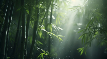 A tranquil bamboo forest, tall and slender, bathed in dappled sunlight, creating a serene, green sanctuary filled with rustling leaves.の素材