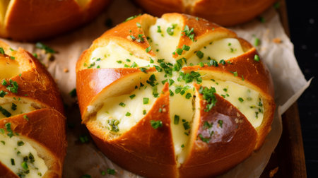 A Korean cream cheese garlic bread is a warm, buttery delight. A crispy outer layer with a gooey, creamy cheese center with a hint of garlic - a mouthwatering blend of flavors and textures.の素材