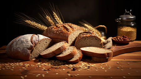Multigrain bread: a hearty, earthy loaf speckled with various seeds and grains. Its rustic appearance promises a wholesome, nutty flavor with each bite.の素材