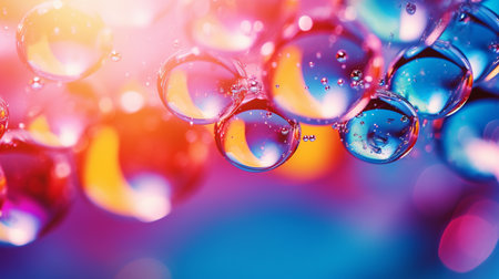 A mesmerizing wallpaper of colorful bubbles floating on a reflective surface, creating a serene and playful atmosphere.の素材