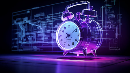 A holographic vintage analog bell alarm clock image: A 3D illusion of an antique clock, with intricate details, floating in space, captivating with its nostalgic elegance.の素材