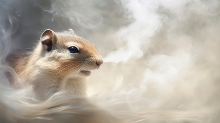 A chipmunk emerges from a wisp of light brown smoke, its tiny form framed by the subtle haze, showcasing its cute, striped charm in nature's embrace.の素材