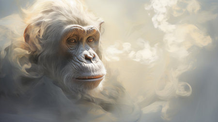 A chimpanzee appears amid shimmering silver-white smoke, its wise eyes peeking through the mystical mist, evoking an aura of curiosity and intellectの素材