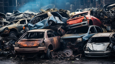 Piled wrecked cars in a junkyard, twisted metal, shattered glass, rusted frames, a graveyard of automotive history.の素材