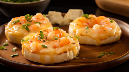 English muffin cheesy shrimp meltaways are savory delights. Juicy shrimp and gooey cheese top toasted muffins, creating a scrumptious seafood treat.の素材