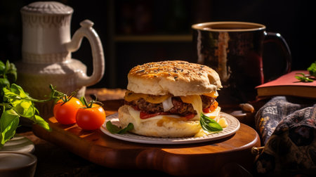 An English muffin pizza burger: a juicy beef patty, smothered in tomato sauce and melted cheese, sandwiched between toasted muffin halves, a savory, cheesy delight.の素材