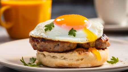 A sausage and egg English muffin, perfectly cooked sausage patty, a fried egg, and a slice of melted cheese sandwiched in a toasted muffinの素材