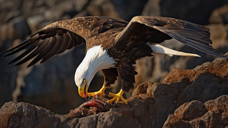 On a mountain peak, a fierce eagle rips into meat with powerful talons, eyes keen, showcasing its predatory prowess against the rugged terrain.の素材