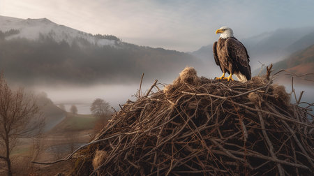 Majestic eagle perched high, watching over her fluffy chicks nestled in a sturdy nest, mountains in the backdrop, a picture of parental care.の素材
