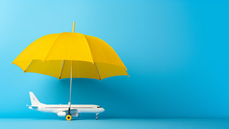 The umbrella and toy plane represent travel insurance, safeguarding your trips like an umbrella shields from rain, covering you against unexpected travel hiccups and expenses.の素材