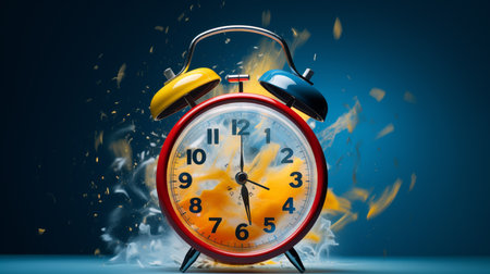 A timeless alarm clock, its brass frame gleaming. Classic white face, bold black hands, and resounding bells on top, ready to wake with a nostalgic ring.の素材