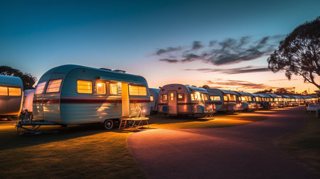 Dotted with colorful tents and cozy campfires, caravan site surrounded by nature, it's a lively patchwork of adventure and community under the open sky.の素材