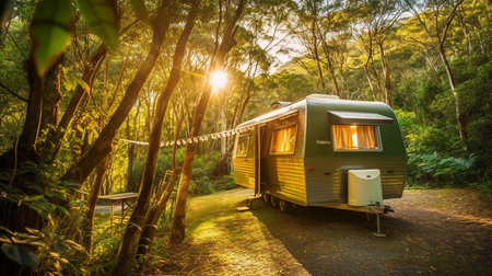 Dotted with colorful tents and cozy campfires, caravan site surrounded by nature, it's a lively patchwork of adventure and community under the open sky.の素材