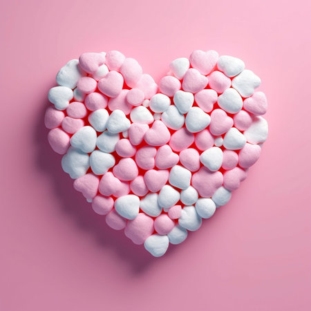 A heart-shaped arrangement crafted from fluffy marshmallows, sugary and soft, symbolizing sweetness, joy, and the delightful comfort of love in its delightful confectionery formの素材