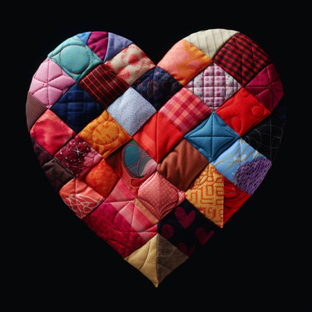 A heart-shaped masterpiece crafted from patchwork quilts, radiating warmth, comfort, and the intricate beauty of love stitched together in a cozy and charming display.の素材
