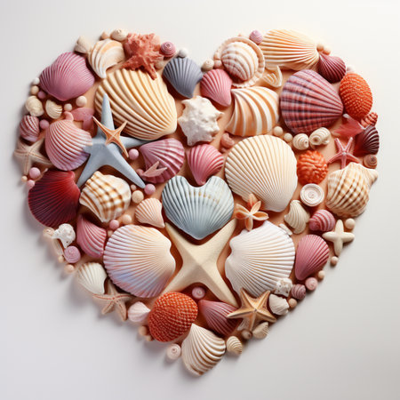 A heart-shaped arrangement crafted from assorted seashells, evoking serenity, nature's beauty, and the timeless treasures of love found along the shore in its unique and charming display.の素材