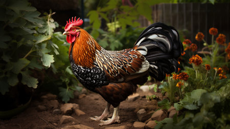 Majestic rooster: colorful, iridescent feathers, proud stance with a vibrant red comb and wattle, sharp beak, crowing confidently at dawn.の素材