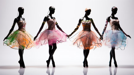 Mannequins in ballet grace, adorned in vibrant piezoelectric tape. Colors dance, capturing energy with every move. A symphony of hues and innovation frozen in elegant poise.の素材