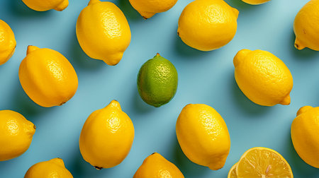 A lone lime pops amid a group of lemons, a zesty interloper. Its vibrant green hue breaks the yellow monotony, promising a tangy twist in the citrus lineup.の素材