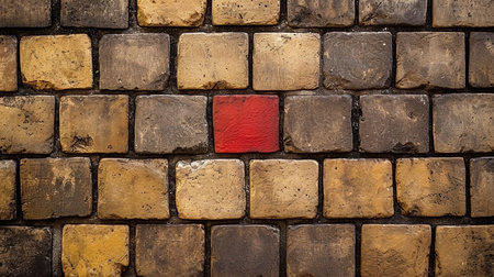 A lone red brick anchors the earthy wall of clay bricks. Its vibrant hue breaks the monotony, adding a touch of warmth and individuality to the sturdy structure.の素材
